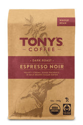 Tony's Coffee empaque frontal mostrando bolsa resellable y arte local