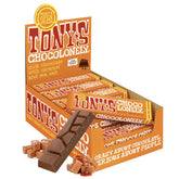 Tony’s Chocolonely vista frontal del empaque mostrando diseño y sabor, atractivo visual