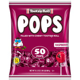 Tootsie Roll empaque frontal mostrando 50 piruletas frambuesa para eventos