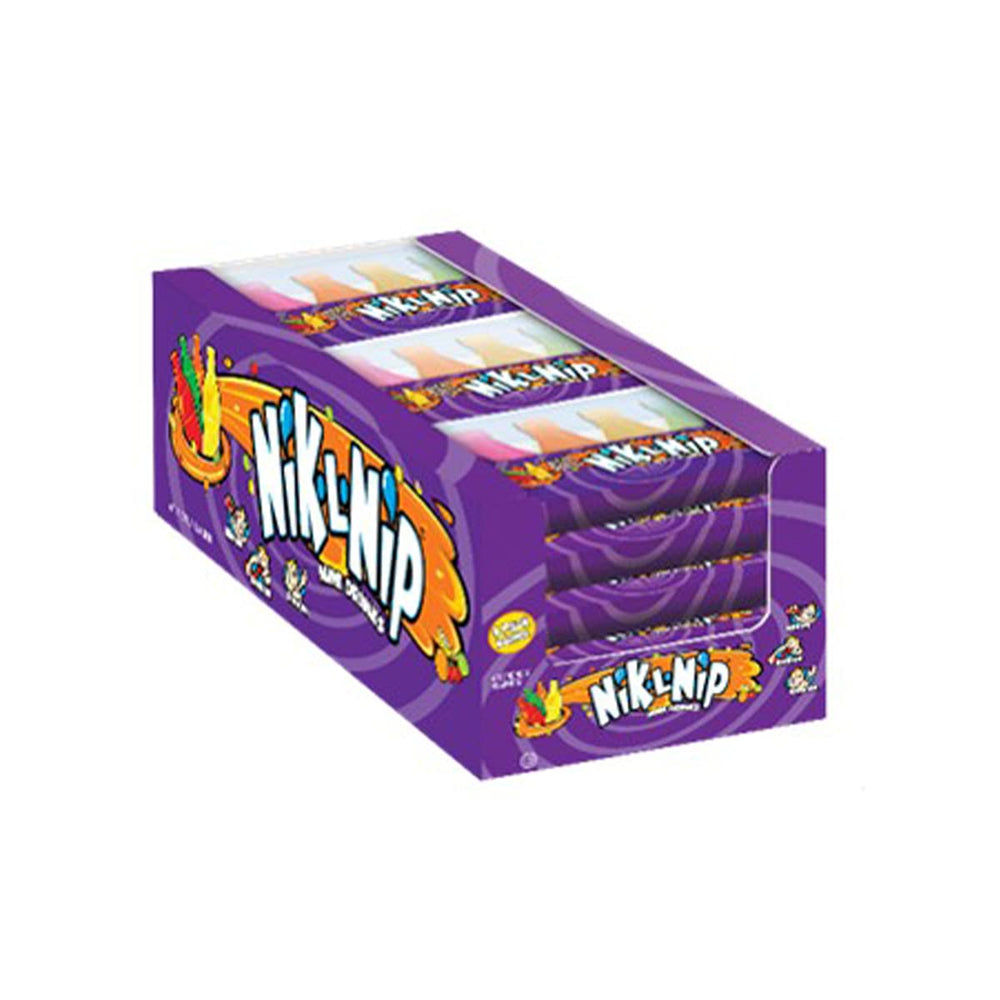 Tootsie Roll Nik L Nip frente del empaque mostrando 72 botellas, ideal para fiestas