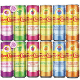 Topo Chico pack frontal mostrando seis sabores y beneficio refrescante