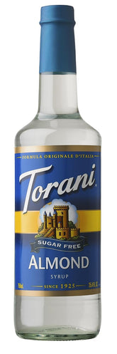 Torani jarabe de almendra frente mostrando botella y etiqueta, sabor auténtico