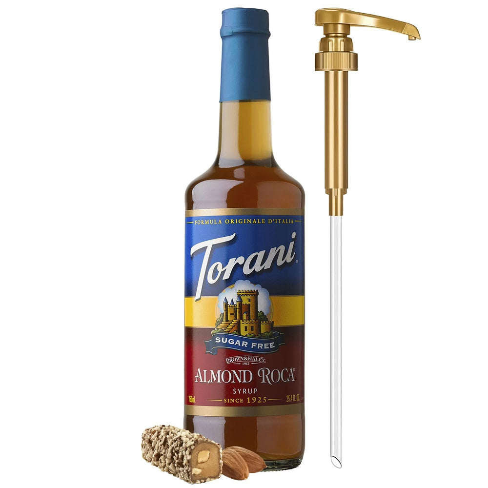 Botella Torani Almond Roca frontal mostrando etiqueta y pump, ideal para cafeteras