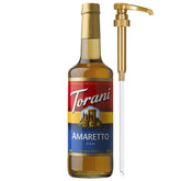 Torani frasco Amaretto frontal mostrando botella y marca, ideal para cafés