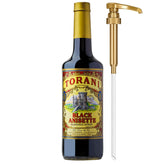 Botella Torani Black Anisette vista frontal con bomba y etiqueta clara