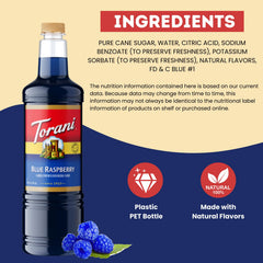 Torani jarabe vertido sobre granizado azul, ideal para fiestas y postres