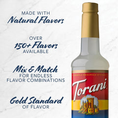 Torani etiqueta de botella destacando sabores y calidad artesanal
