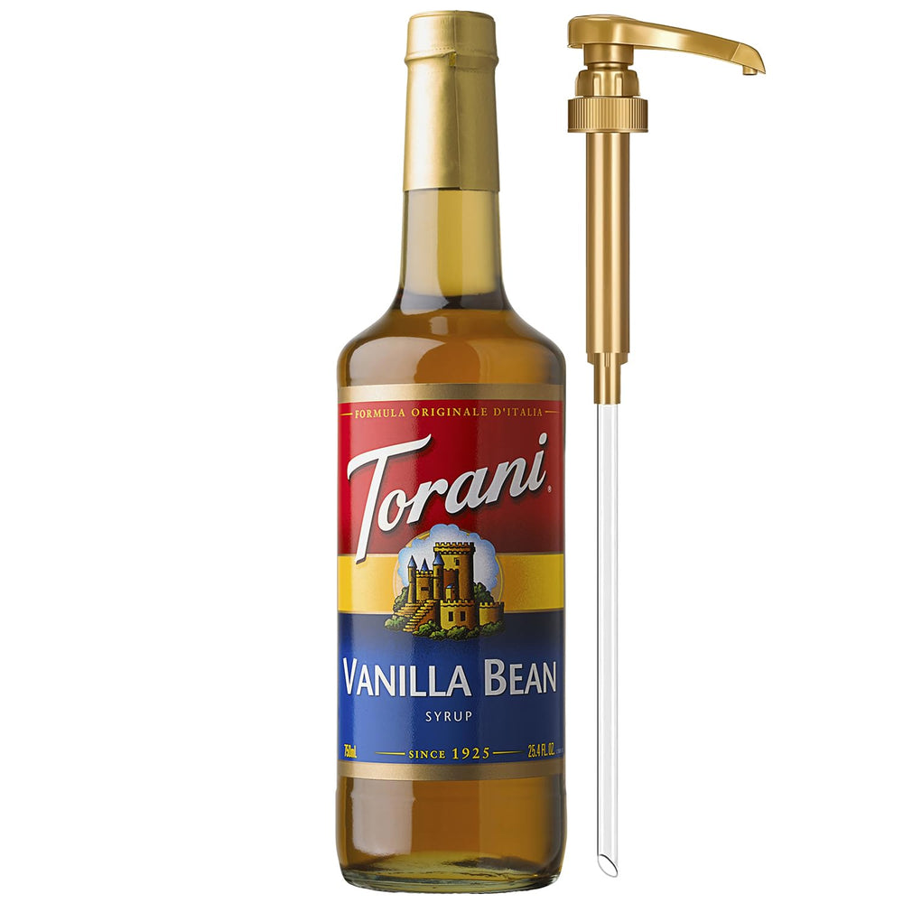 Torani botella frontal 750 ml mostrando marca y capacidad, fácil de identificar