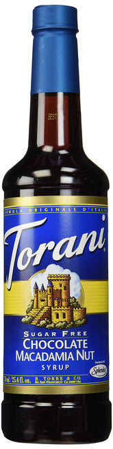 Torani botella frontal 750 ml mostrando etiqueta y volumen, versátil para cafés