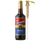 Torani botella frontal maple 750 ml mostrando etiqueta clara y uso profesional