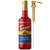 Torani botella frontal Ruby Red Grapefruit mostrando etiqueta y color rosa, facilita identificación