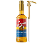 Torani botella frontal mostrando jarabe y bomba, añade sabor consistente