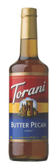 Torani botella frente con etiqueta visible y sabor mantequilla pecana, ideal para cafés