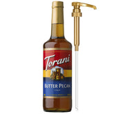 Torani botella frontal mostrando marca y tamaño, facilita almacenamiento