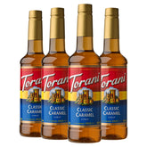 Torani botella frontal mostrando el jarabe de caramelo y su color intenso