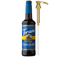 Torani jarabe chocolate frente de la botella con diseño claro y práctico