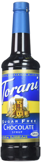 Torani jarabe chocolate frente del envase mostrando etiqueta y tamaño práctico