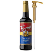 Torani botella frontal mostrando Chocolate Milano y volumen 750 ml, conveniencia