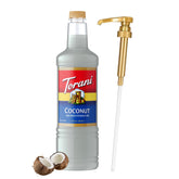 Torani botella frontal de 1L mostrando sirope de coco y uso práctico