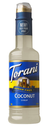 Torani jarabe coconut frontal botella mostrando etiqueta kosher y tamaño práctico