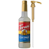 Torani botella frontal mostrando sirope de coco y volumen 750 ml, uso práctico