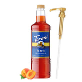 Torani sirope durazno frente botella 1L mostrando presentación y conveniencia