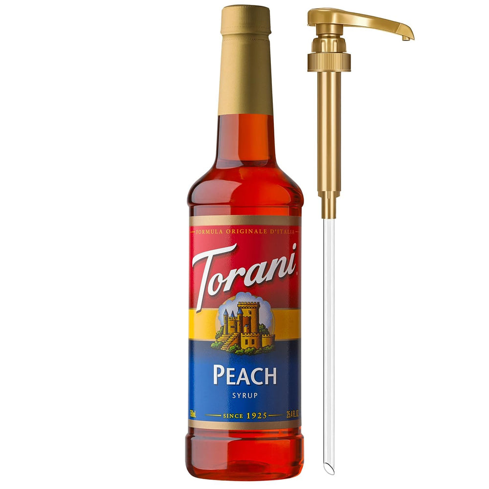 Torani botella frontal de durazno mostrando presentación grande y ventaja de la cantidad