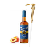 Torani jarabe durazno frontal mostrando botella y etiqueta clara, conveniencia Torani