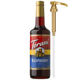 Torani botella frontal frambuesa mostrando diseño y capacidad 750 ml, versátil para bebidas