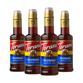Torani frambuesa frente mostrando botella y ventaja de aromatizar bebidas