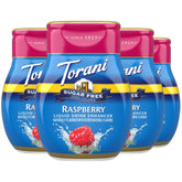 Torani frambuesa pack frontal mostrando cuatro frascos portátiles y sabor intenso