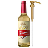 Torani botella frontal con jarabe French Vanilla y presentación profesional
