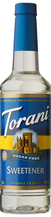 Torani botella frontal 25,4 oz mostrando etiqueta y uso versátil