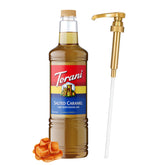 Torani botella frontal de caramelo salado mostrando etiqueta y volumen para identificar producto