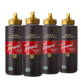Torani botella frontal mostrando la salsa de chocolate oscuro y su presentación premium