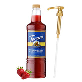 Torani botella frontal mostrando sirope de fresa y presentación, ideal para sabor sin azúcar