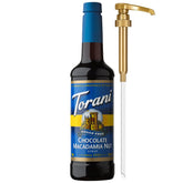 Torani botella frontal chocolate macadamia mostrando diseño y volumen