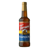 Torani botella frontal Pumpkin Pie mostrando diseño y medida, fácil identificación
