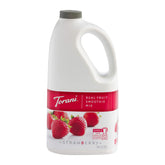 Torani botella frontal de Real Fruit Strawberry Smoothie Mix mostrando tamaño y etiqueta beneficiosa