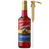 Torani botella frontal grenadine mostrando color vibrante y uso práctico