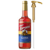 Torani botella frontal de guayaba mostrando etiqueta clara y beneficios de sabor