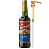 Torani botella de kiwi al frente mostrando etiqueta y volumen útil