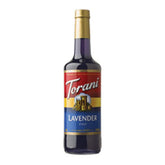 Torani botella frontal lavanda mostrando etiqueta y capacidad beneficiosa para usar en bebidas