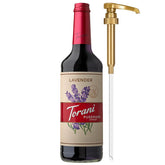 Botella Torani Puremade lavanda frontal mostrando el pump y volumen 750 ml