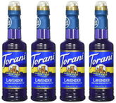 Torani jarabe de lavanda frontal mostrando botella y etiqueta, añade aroma floral