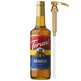 Torani sirope de mango vista frontal botella y bomba, sabor consistente