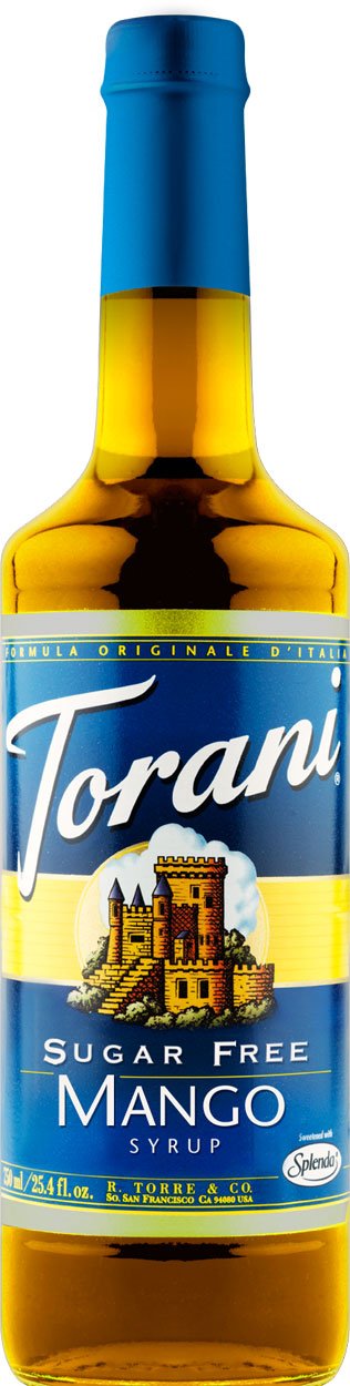 Torani botella frente mostrando etiqueta y color, aporta sabor mango sin azúcar