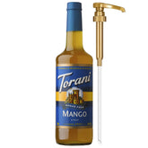 Torani botella frontal de mango mostrando tamaño y diseño, ofrece dosificación cómoda