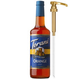 Torani botella frontal de jarabe naranja mostrando diseño y tamaño práctico