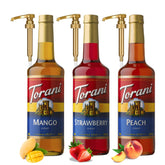 Torani pack 3 botellas frente mostrando fresa durazno y mango, color atractivo y fácil identificación